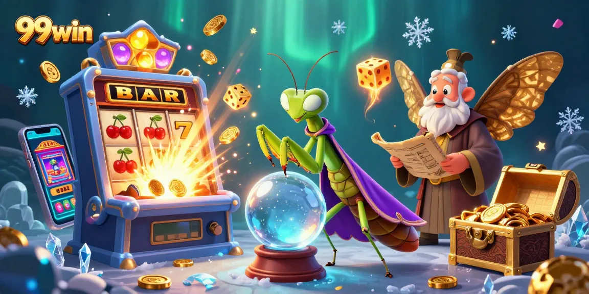 Engage with the 99win gaming experience, featuring vibrant symbols, fortune teller, and magical elements.