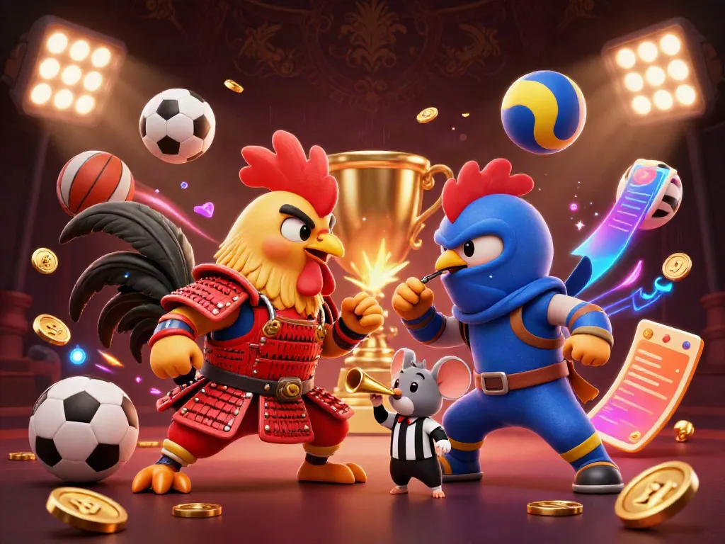 Engage in a dynamic debet showdown featuring cartoon fighting roosters amidst casino and sports betting elements.