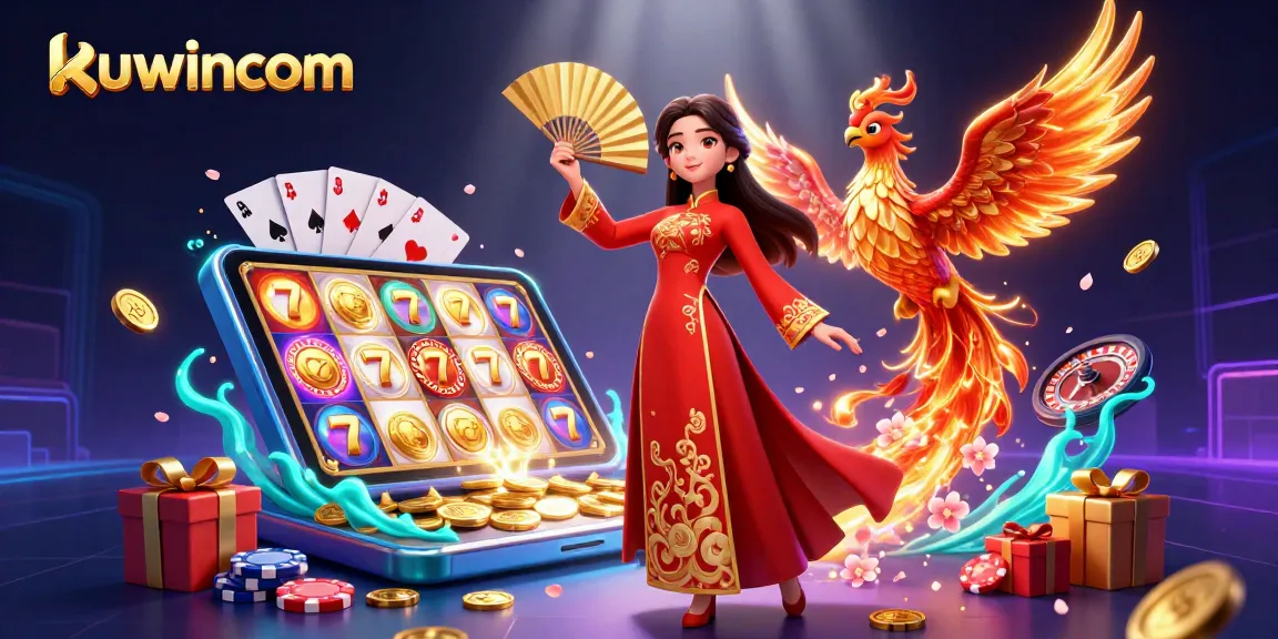 Kuwincom provides thrilling gaming experience with a vibrant lady in ao dai and phoenix amidst casino elements.