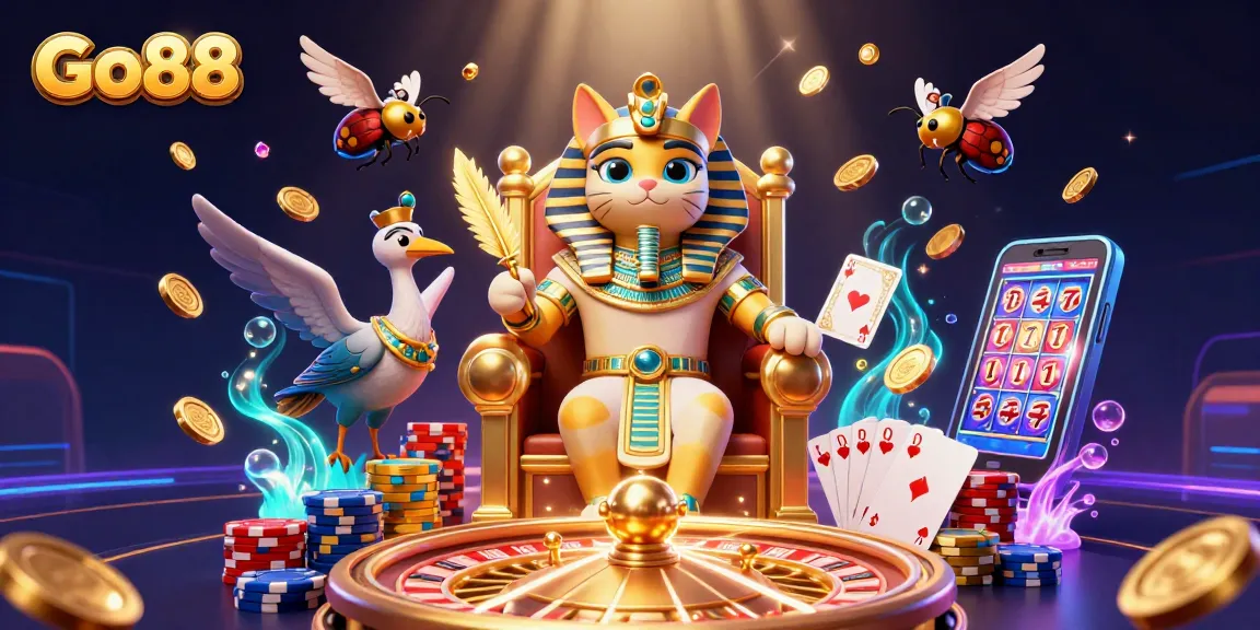 Spin to win at Go88 with a pharaoh cat and vibrant casino elements in a 3D illustration.