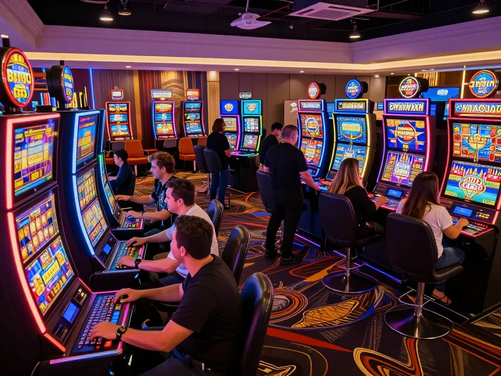 Players enjoying slot machines at a casino showcasing 33win33win, immersed in thrilling gaming.