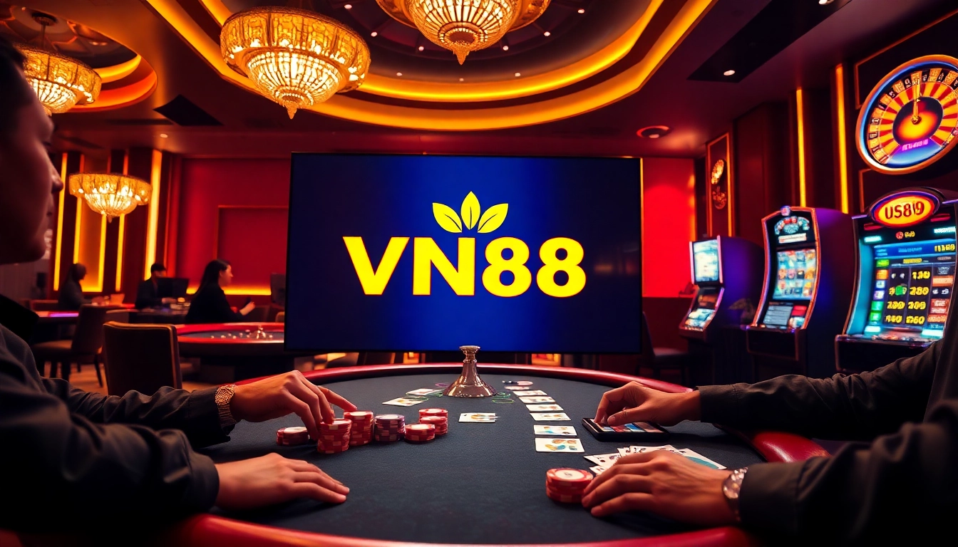 High-stakes poker at VN88 casino, showcasing vibrant chips and exciting gameplay.