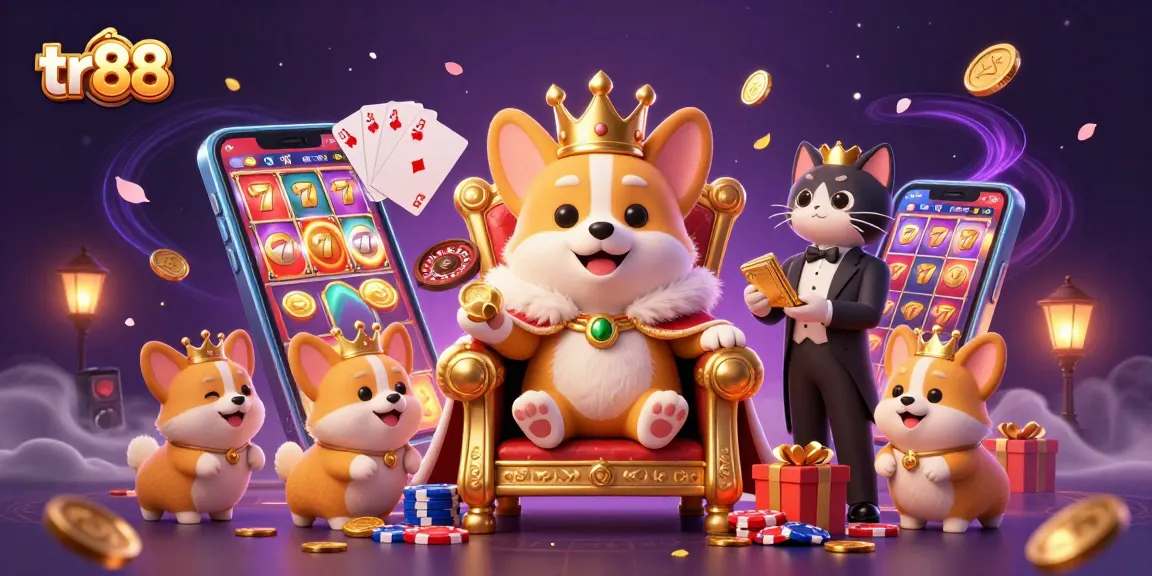 tr88 jackpot - Celebrate wins with a royal corgi amidst casino excitement and spinning slots.