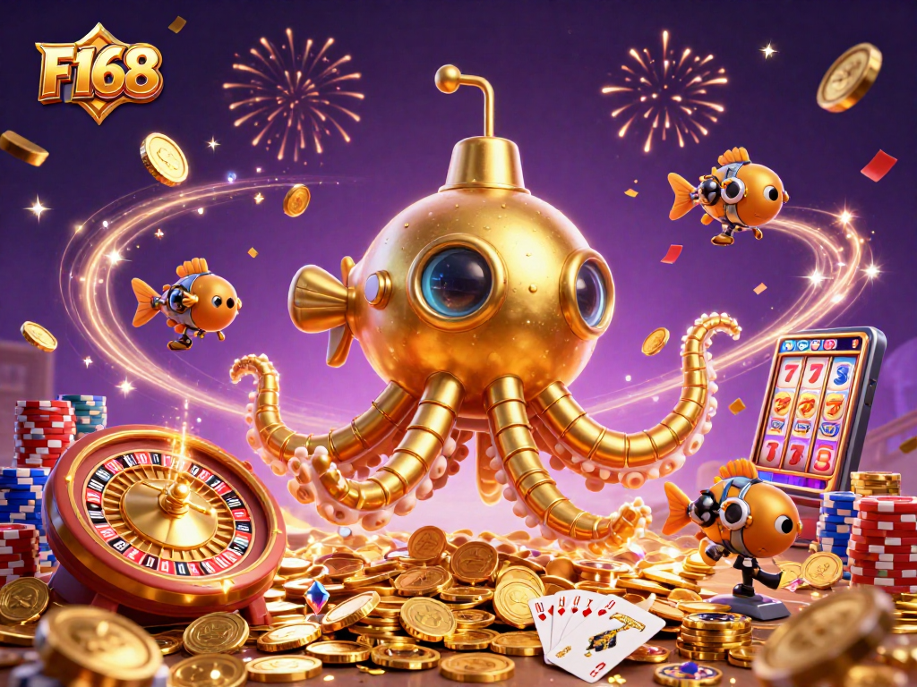 Win big with F168's thrilling gaming experience featuring vibrant 3D casino elements.
