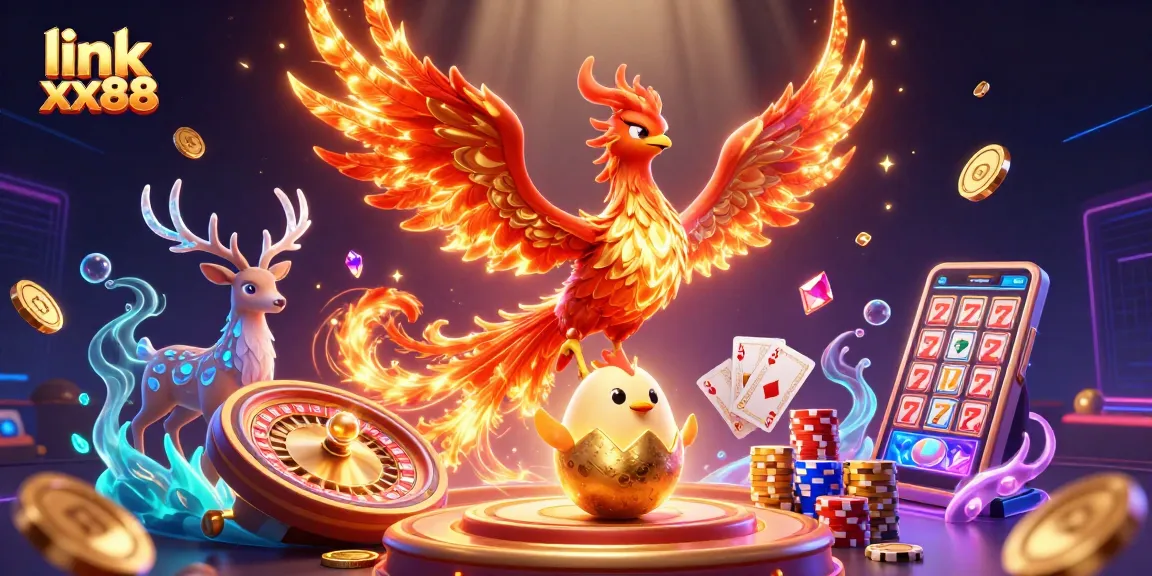 Experience the thrill with link xx88; a vibrant 3D scene featuring a phoenix, gold coins, and casino elements.