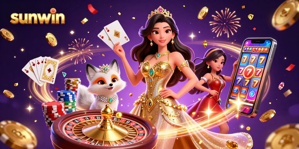 Win big at sunwin with a dazzling casino scene featuring a glamorous character and exciting gaming elements.