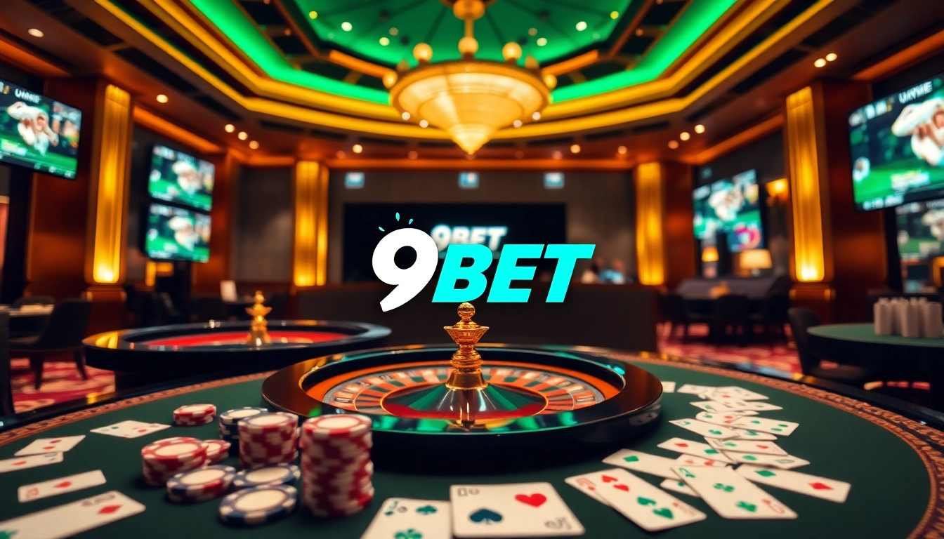 Engaging scene of trang chủ 9bet showcasing online gambling excitement with casino elements.