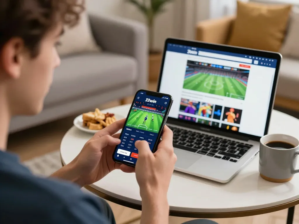Engaging with 33win mobile betting app, highlighting a dynamic sports betting experience at home.