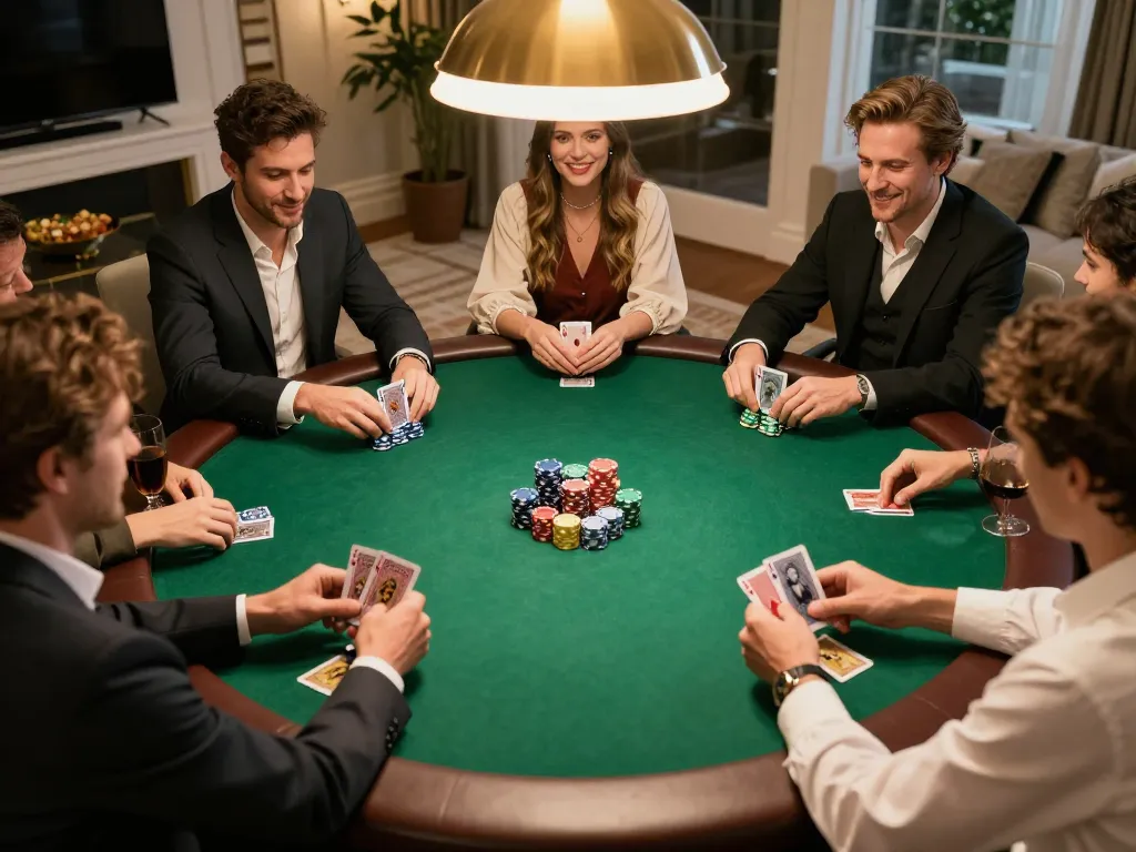 Engaged players enjoy a friendly poker game at home, showcasing the excitement of gambling at https://kjc365.com/.