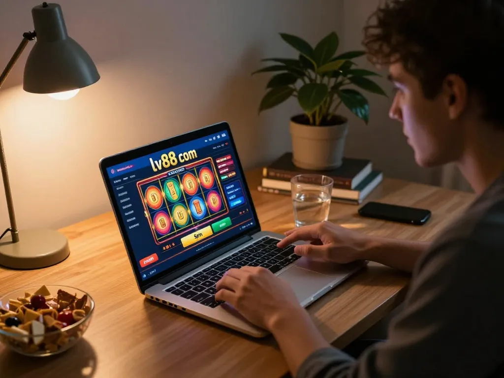 Engaged player using lv88 com for online casino gaming at home, with dynamic slot reels displayed