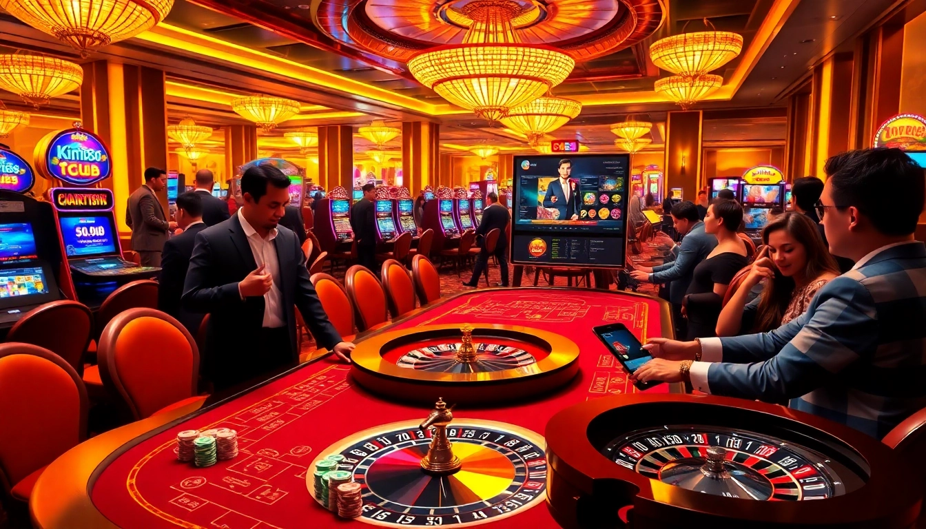 A lively gaming scene at the kim88 club, highlighting an upscale casino atmosphere with excited players and shining slot machines.