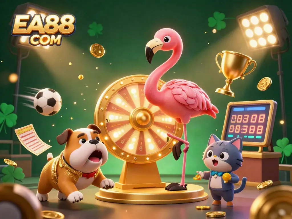 Engage in exciting gaming at EA88 COM with a dynamic 3D casino scene showcasing thrilling prizes.