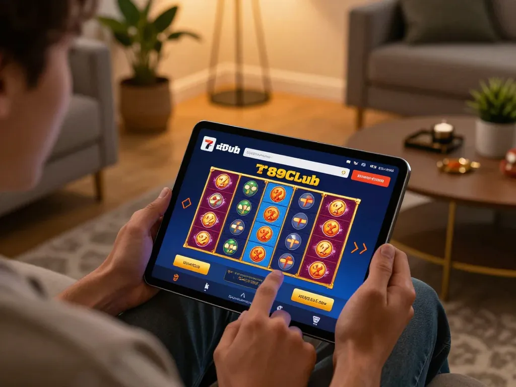 Engaging scene of a user playing 789Club online casino slots on a tablet in a cozy living room, showcasing an interactive gaming experience.