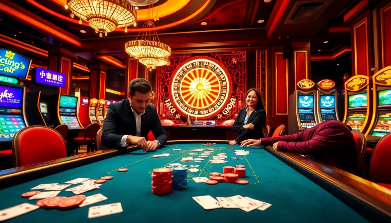 Players engaging at the Cổng game Go8 poker table, showcasing vibrant chips and roulette excitement.