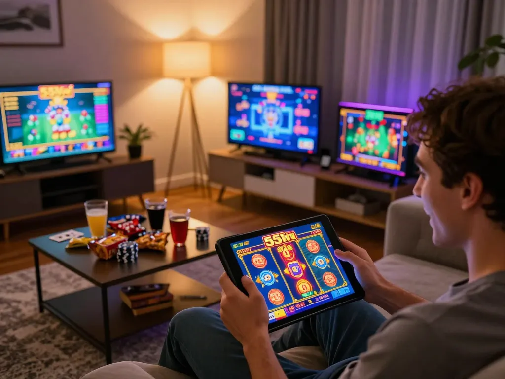 Player engaging in 555win online gaming experience at home with tablet, snacks, and drinks