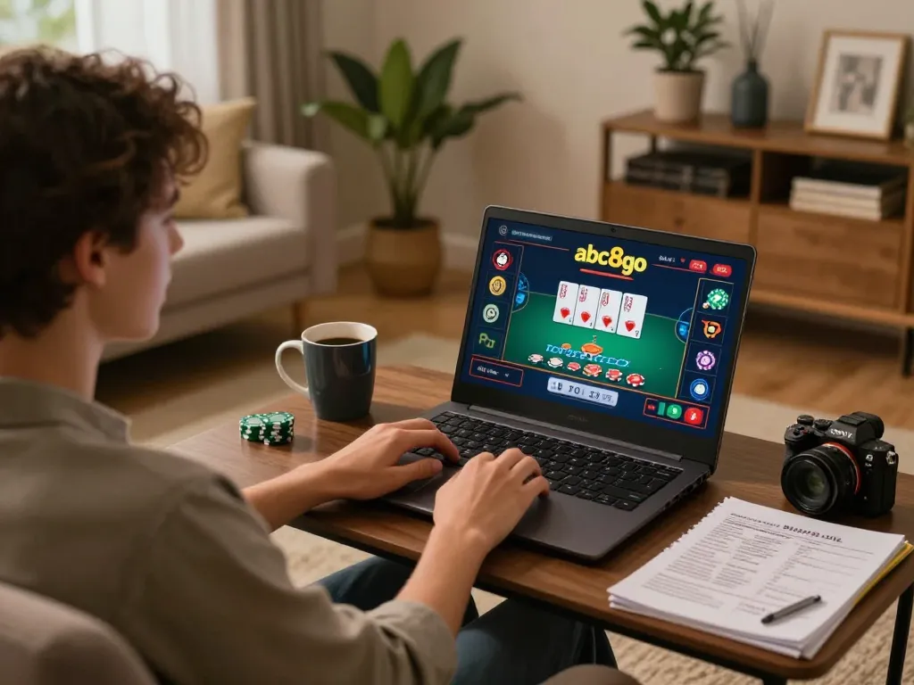 Player engaged in online betting at abc8go from cozy home setup with laptop, chips, and strategy notes.