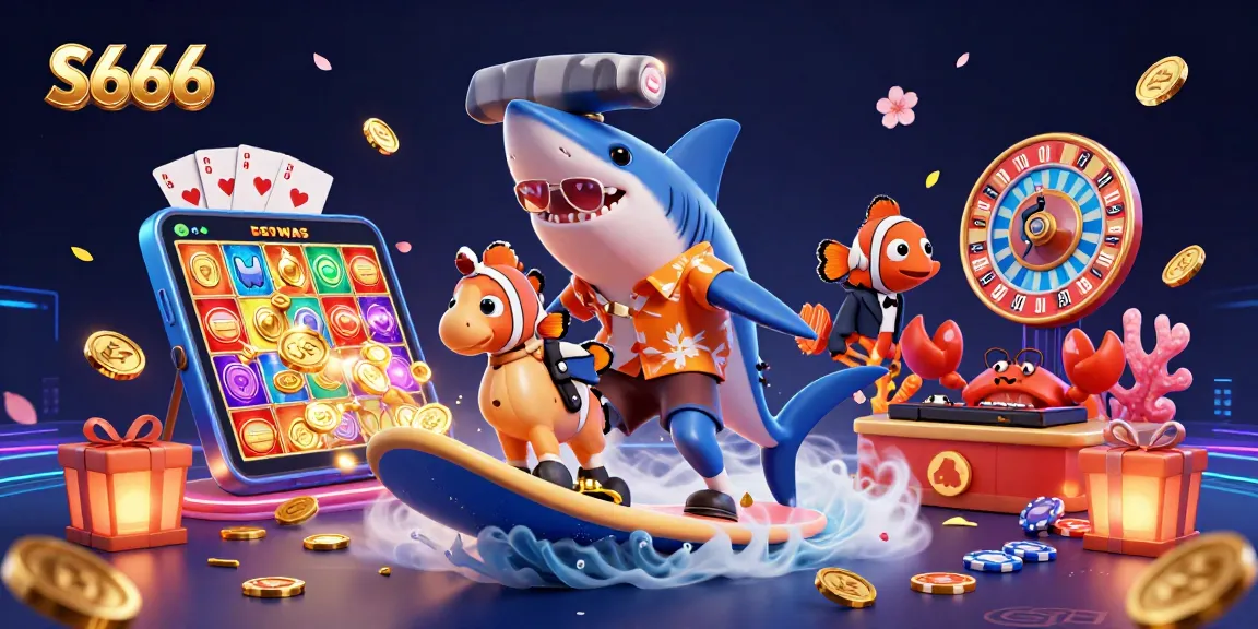 S666: Join the thrilling adventure of a shark surfing through a cascade of gold coins!