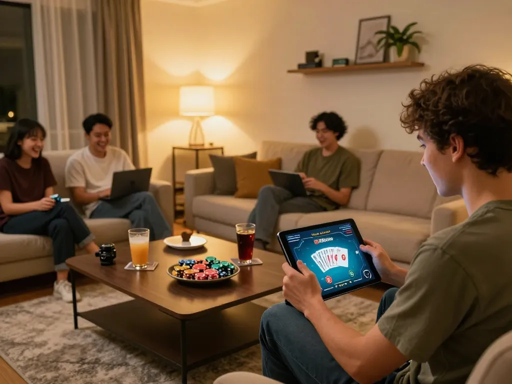 Player enjoying 789club online gaming on tablet in a cozy living room setting