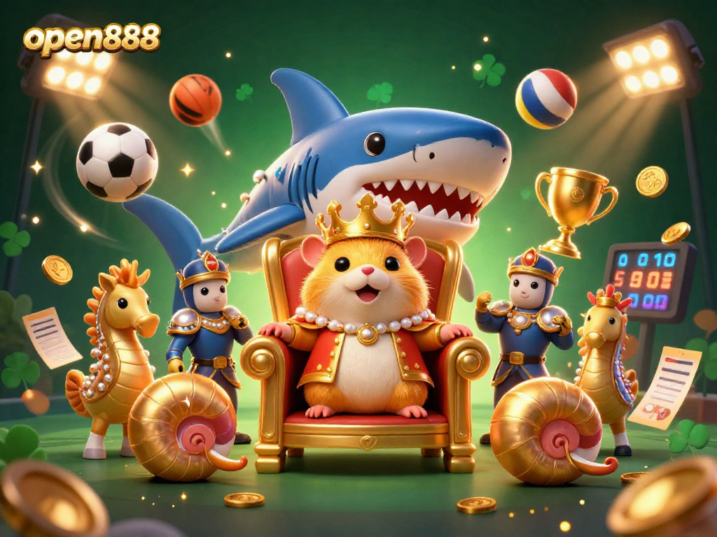 Experience the thrill of open888's betting action with a golden hamster king and dynamic sports elements.