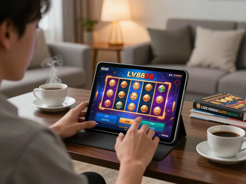 Engaged player enjoying LV88 online gaming, vibrant slots visible on tablet in cozy home office setting