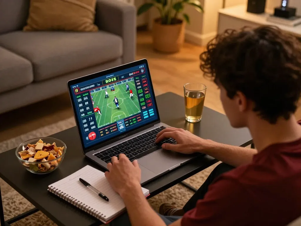 KUBET user engaged in live sports betting with laptop and notes in a cozy setting