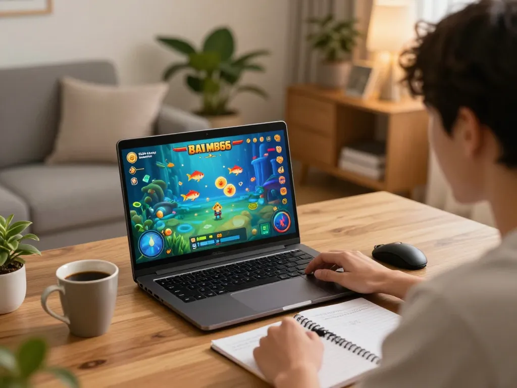 bắn cá mb66 gameplay on a laptop in a cozy home setting with warm lighting and strategy notes