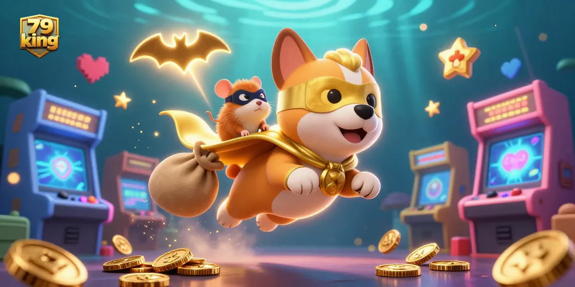 Engage in thrilling gameplay with 79 king's vibrant illustration of a superhero dog and hamster amidst arcade gold and gaming elements.