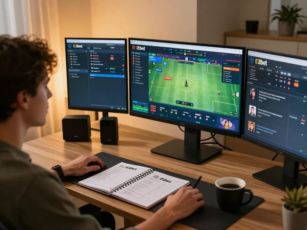 E2bet player engaging with multiple gaming screens, emphasizing online betting strategy in a modern workspace
