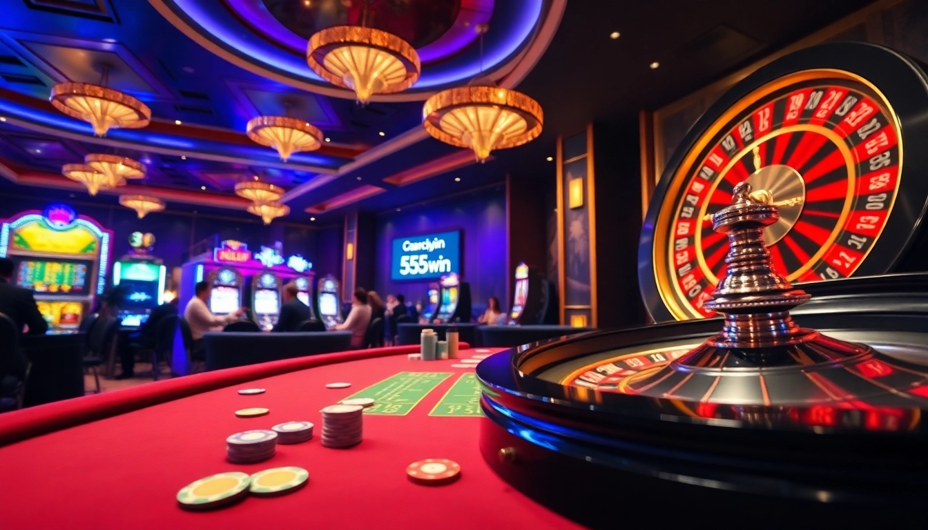 Exciting gambling scene at 555w.in with luxurious casino elements in a vibrant atmosphere.
