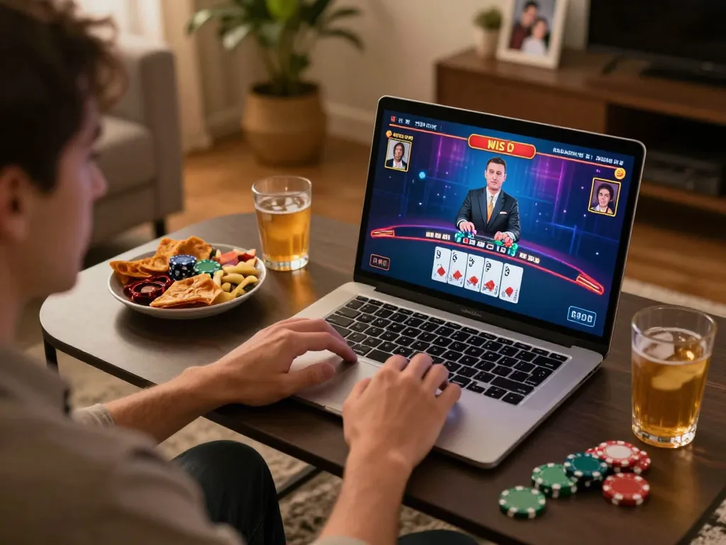 Engaging with live dealer blackjack on a laptop, showcasing the convenience of jun888 online gambling.