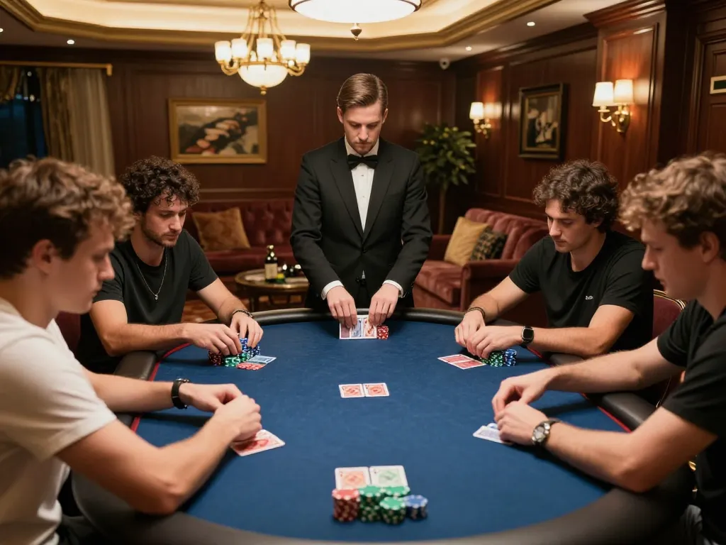 Dwin poker players in private game room enjoying strategic gameplay surrounded by luxury decor