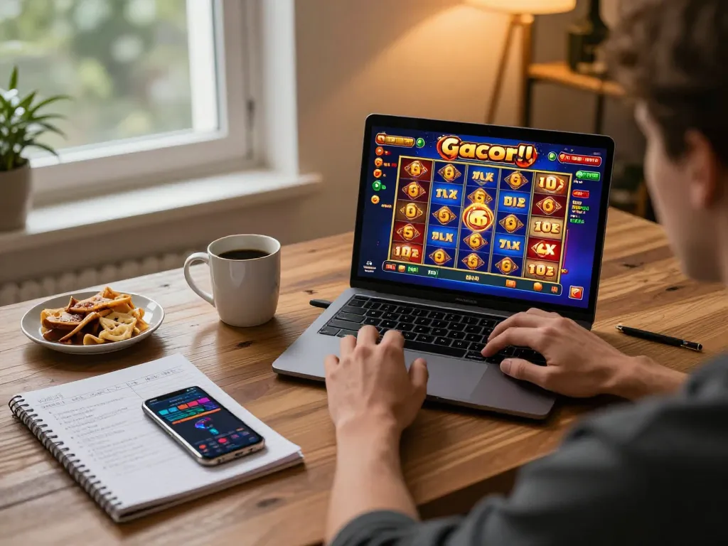 Engaging online gamer playing slot gacor on laptop, showcasing winning spins and vibrant interface