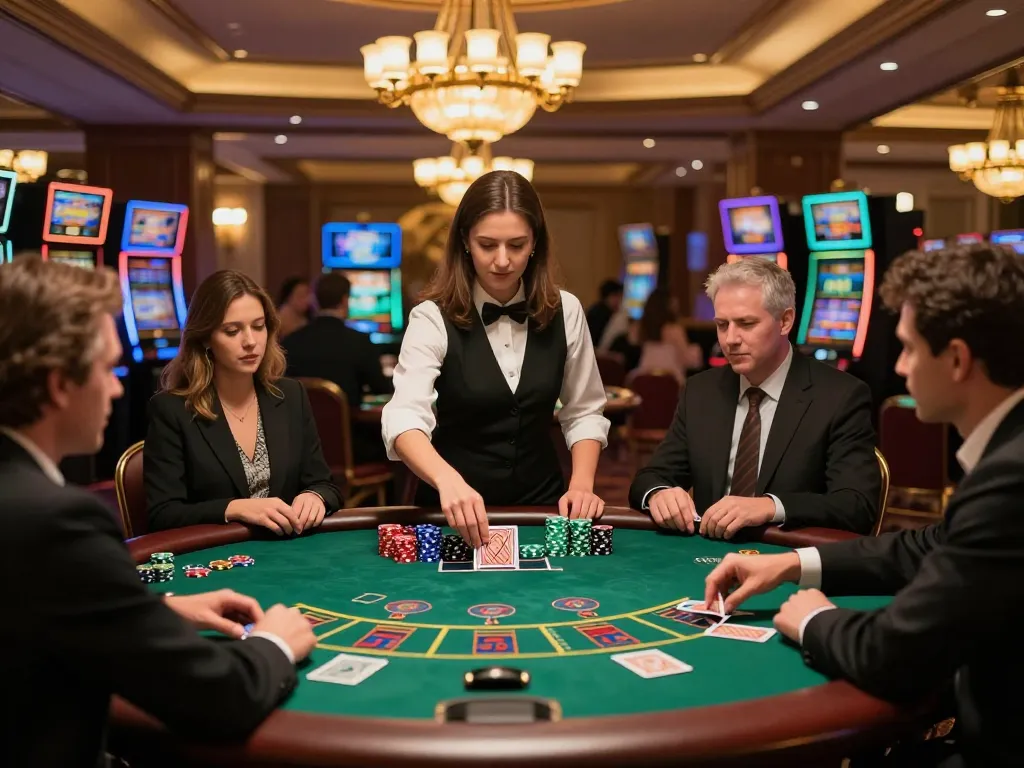 Xo88 uy tín players enjoying an upscale blackjack game at a luxurious casino table.