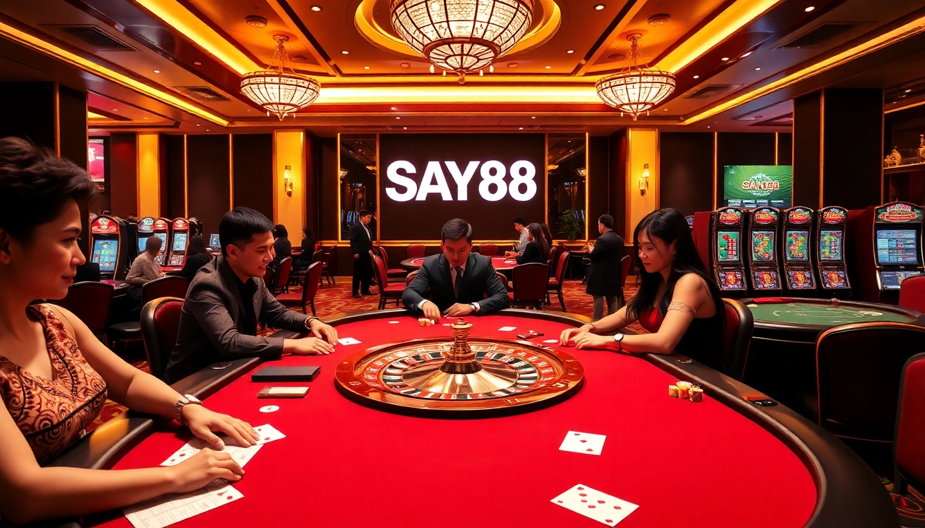 SAY88 casino players enjoying high-stakes poker and roulette games in a luxurious setting.