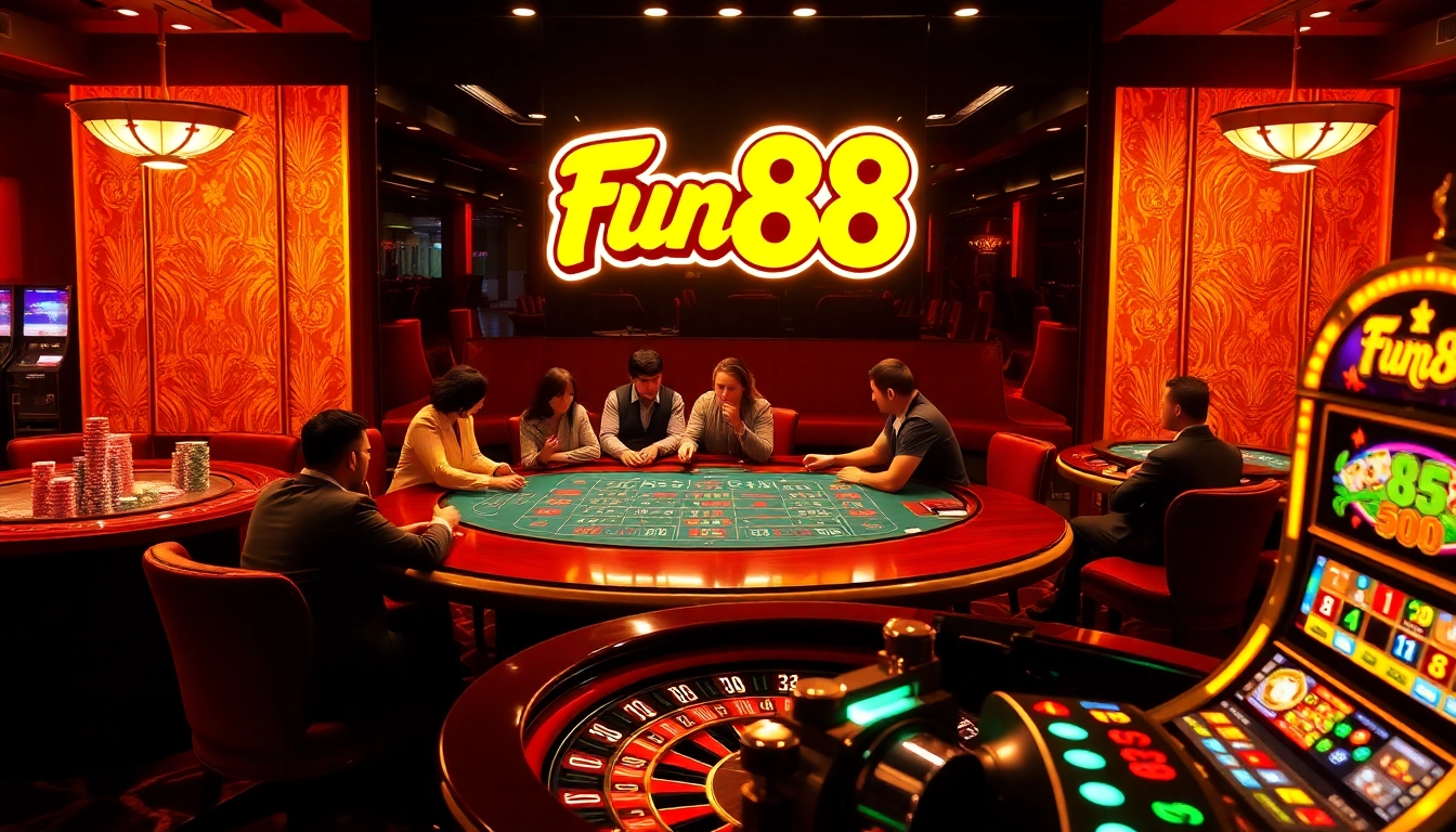 Engage with the thrilling fun88 casino experience featuring poker chips and an exciting blackjack game.