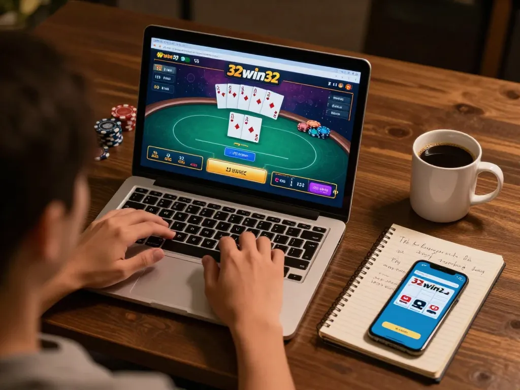 Engaging scene with player focusing on 32win32 poker game, showcasing strategic betting options and cozy atmosphere.