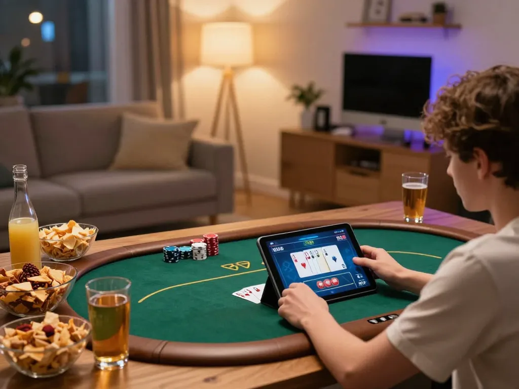Engaging player enjoying Bayvip poker experience on tablet in cozy home setting.