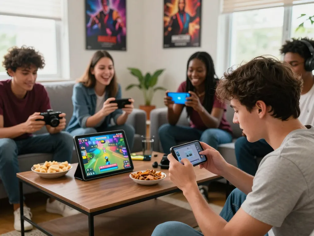 Engaged players enjoying RIKVIP mobile gaming in a lively home setting, showcasing excitement and interaction.