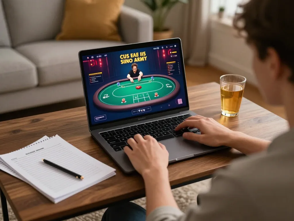Play poker online with 789bet on sleek laptop, enhanced atmosphere in cozy gaming corner