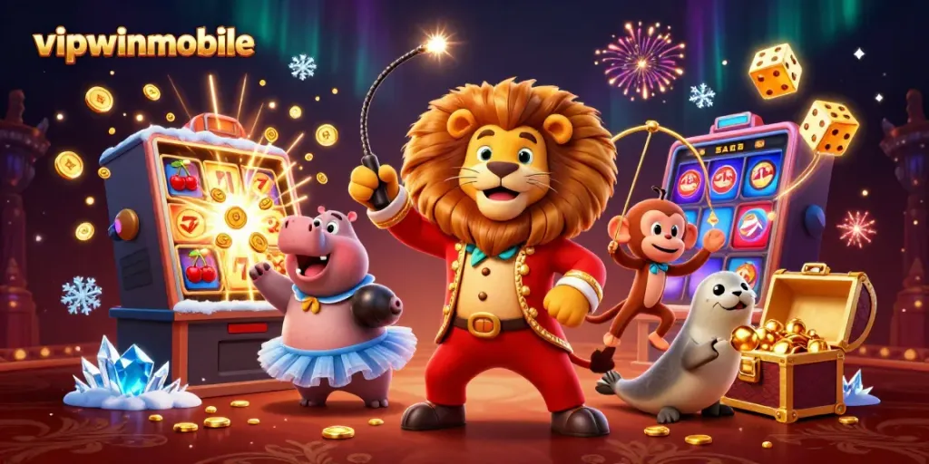 Experience the excitement of vipwinmobile with a vibrant 3D casino scene featuring dynamic characters and casino elements.