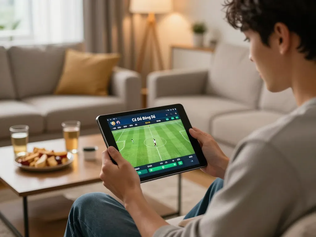 Cá Độ Bóng Đá action as a bettor engages with sports betting app in a cozy home setting.