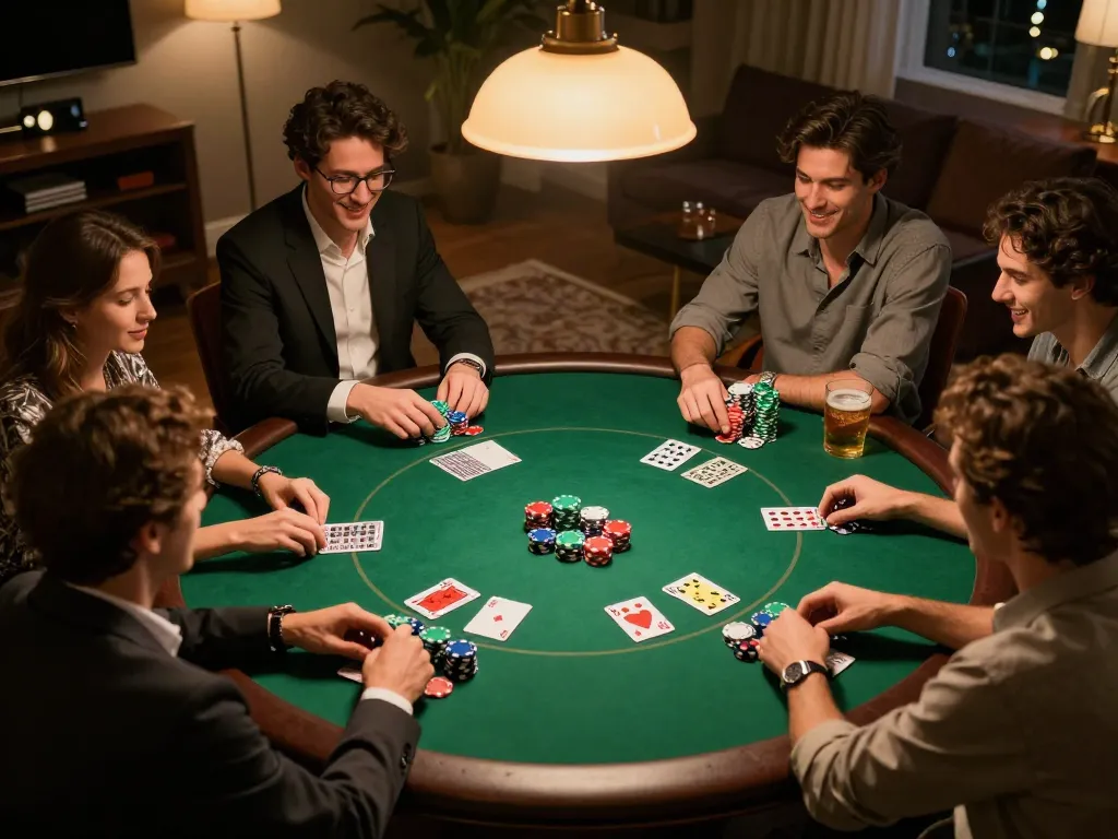 Friends enjoying a competitive poker game at home, showcasing km777 atmosphere and strategic gameplay.
