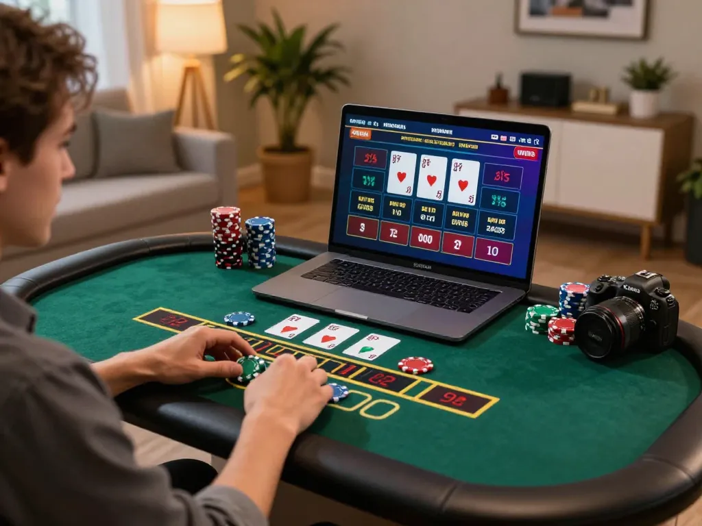 Engaging in strategic blackjack gameplay on okfun’s online platform from a cozy home setting.