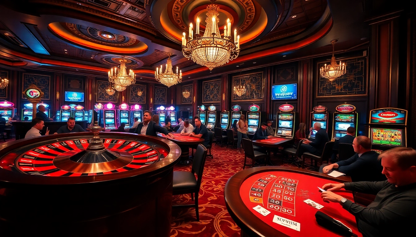 Gamble strategically with newphim at an elegant casino, showcasing roulette, poker tables, and slot machines.