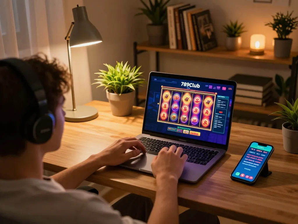 Engaging with the 789Club app on a laptop featuring vibrant slots, showcasing online gaming atmosphere.