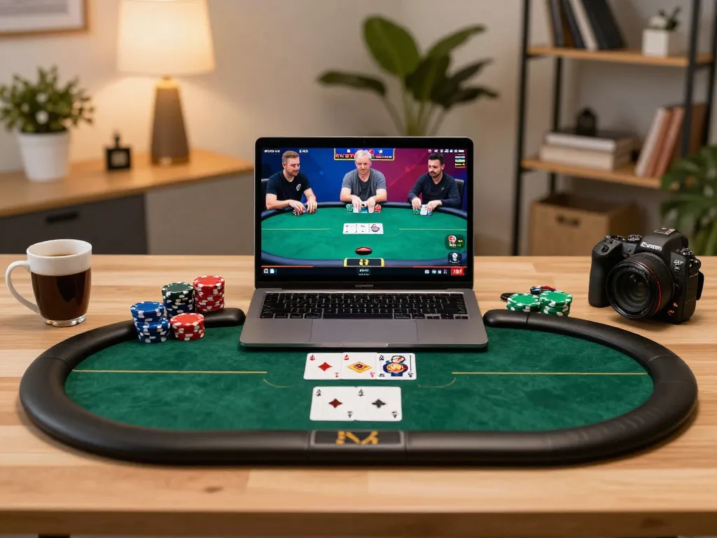 Engaging online poker game on laptop at home, highlighting strategic moments for players at https://mm88.se.net/