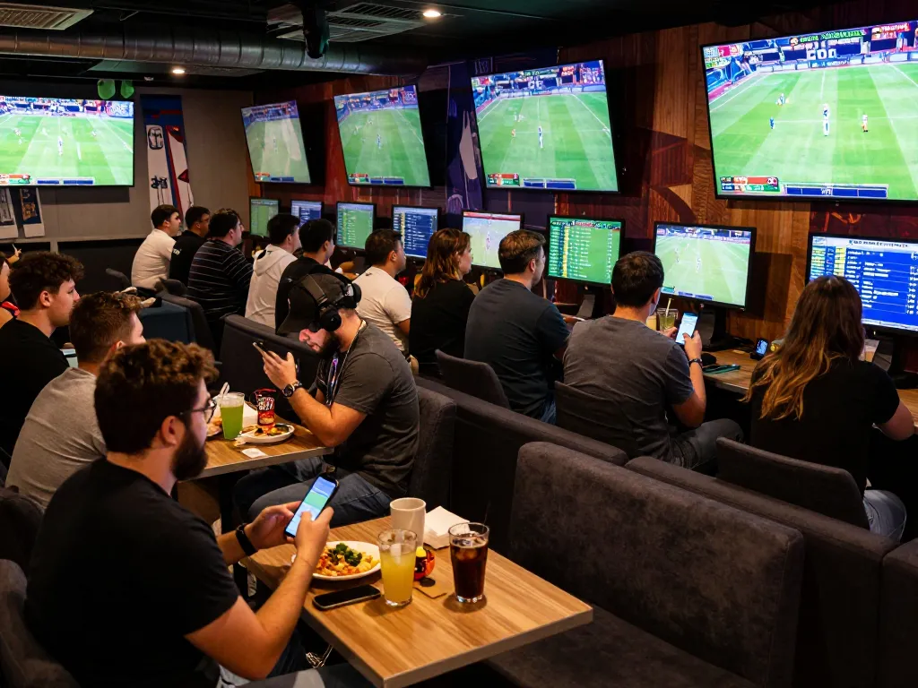 Fans engaging in sports betting at a lively World Cup lounge, capturing the excitement of bongdalu and team analysis.