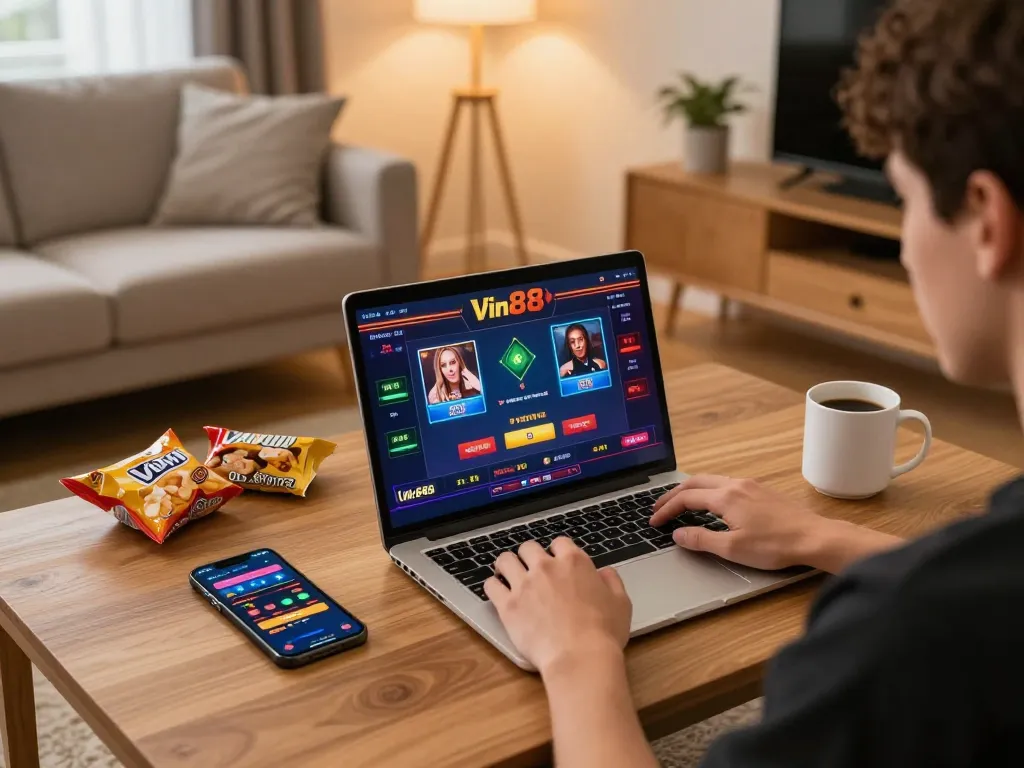 Engaging online gaming experience on Vin88 platform in a cozy home setup.