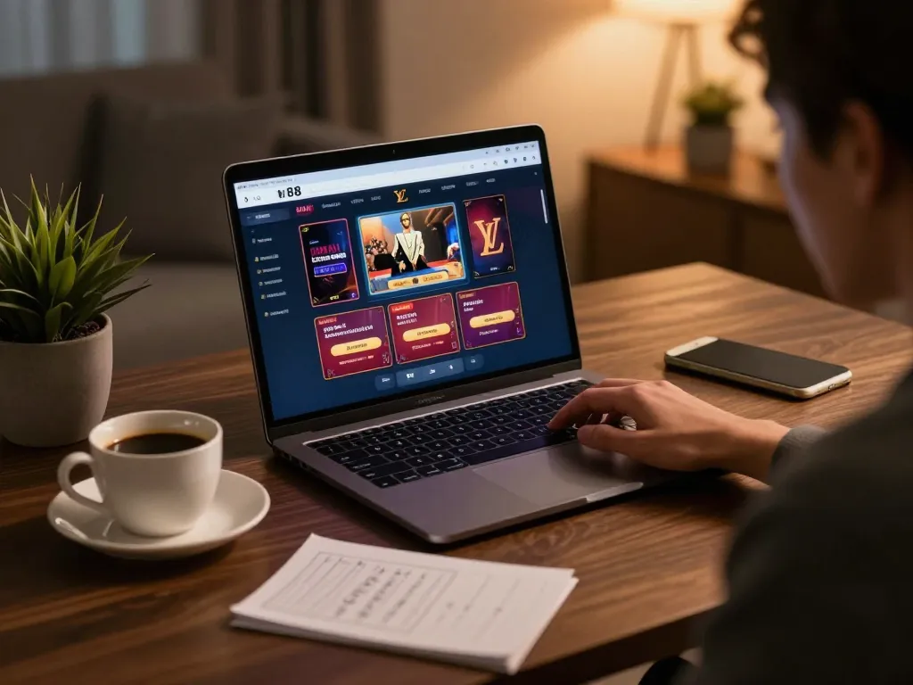 Engaged player using lv88 for online casino gaming on a laptop in a cozy home setting