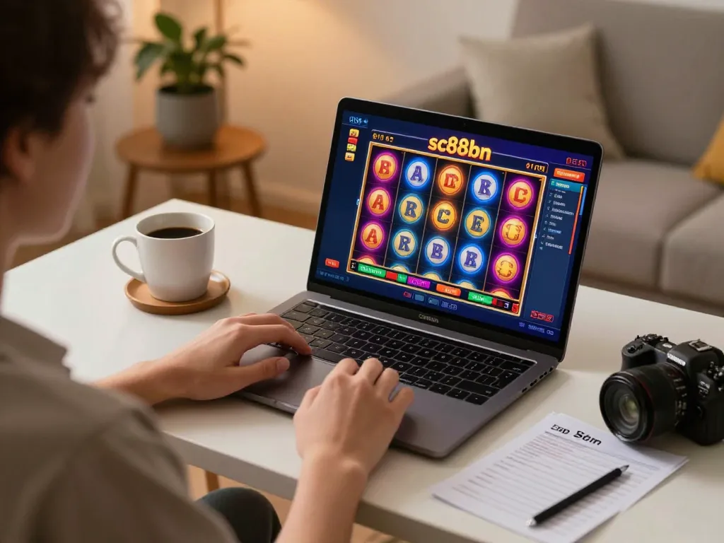 Play exciting slot games online at sc88bn, showcasing a player engaged and strategy-focused in cozy home setup.